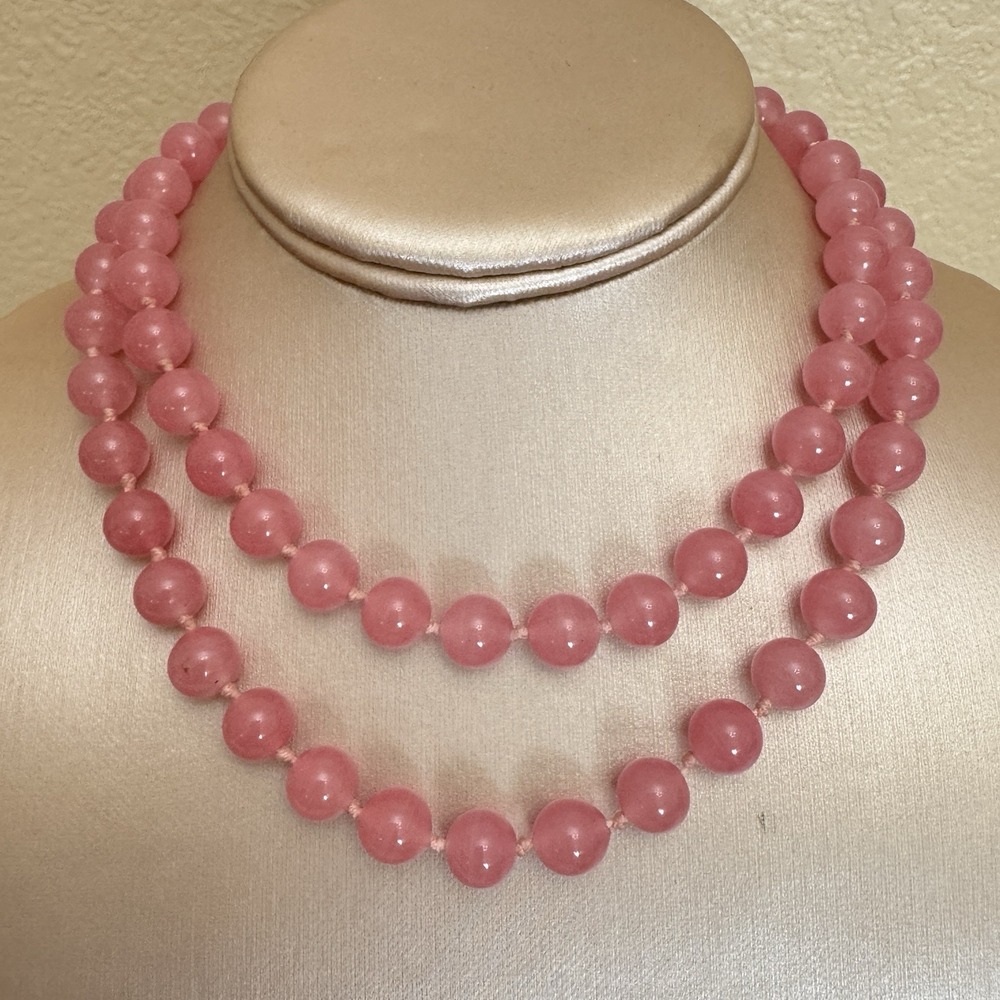 Stunning LES Bernard Vtg Signed Pink Glass Knotted Bead Necklace 32" Estate Sale